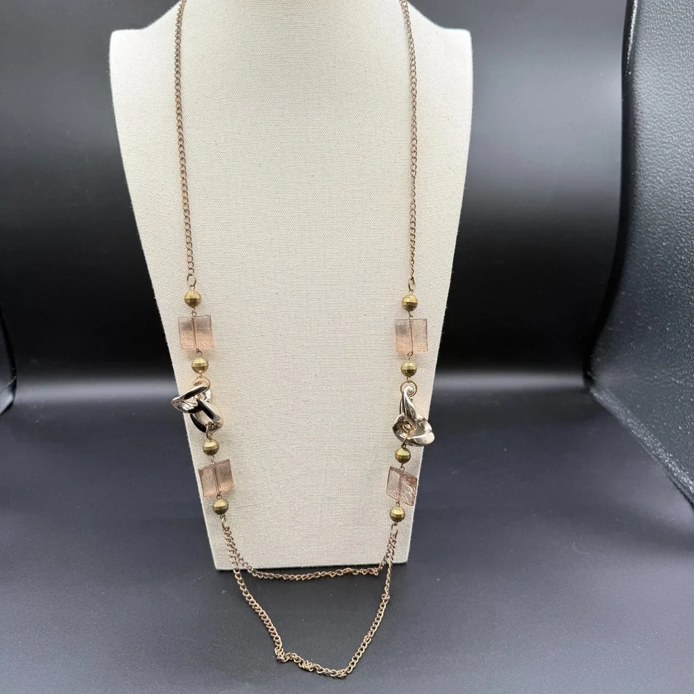 Gold Tone Long Chain Necklace Pink Lucite Beads Black Enamel Links Layered Boho